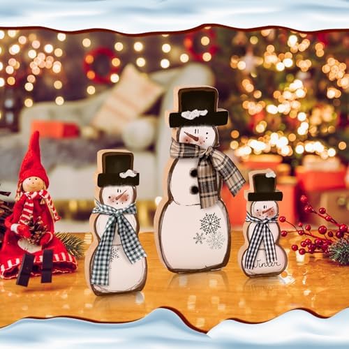 Suzile 3 Pcs Christmas Snowman Decoration Rustic Wooden Winter Indoor Decor - Image 6
