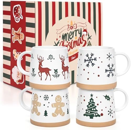 Maustic Christmas Mugs Set of 4, Holiday Coffee Mugs with Festive Christmas Themed Design, Hot Chocolate Hot Cocoa Cups, Family Gifts, 14 Oz by Maustic