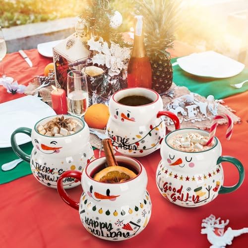 Noamus 4 Pack Christmas Mugs Set, 15oz Ceramic Snowman Coffee Cup, Stackable Holiday Xmas Tea Mug for Hot Cocoa Cold Water Milk, Housewarming Gift Home Decor, Dishwasher Microwave Safe(4 Styles) - Image 7