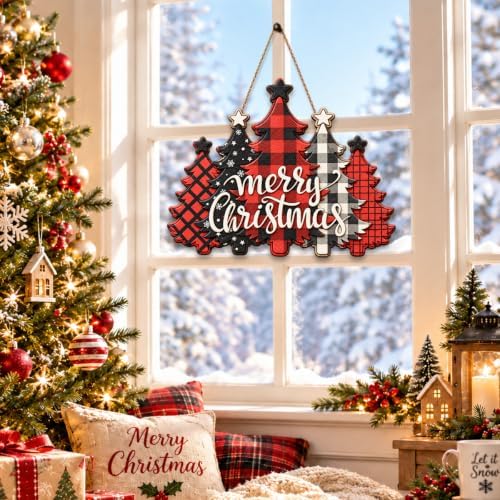 Christmas Decorations Buffalo Plaid Christmas Tree Hanging Wooden Sign - Image 6