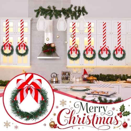 Retrowavy 12 Pcs Mini Christmas Kitchen Cabinet Wreaths with Candy Cane Bow - Image 3