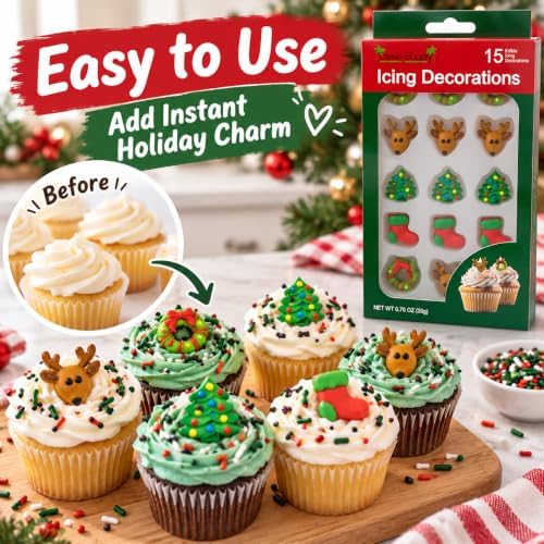 Oasis Supply Christmas Edible Cake Decorations, 15 Count – Holiday Candy Cupcake Toppers with Trees, Boots, Reindeer & Wreaths for Cakes, Cupcakes, Cookies & Desserts - Image 4
