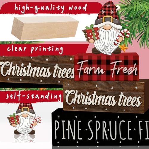 4 Pcs Christmas Decorations Indoor - Wooden Gnome Gift Table Decoration for Home - Christmas Centerpiece For Table - Winter Tiered Tray Decor Rustic Farmhouse Xmas Gift for Home Kitchen Mantel - Image 3