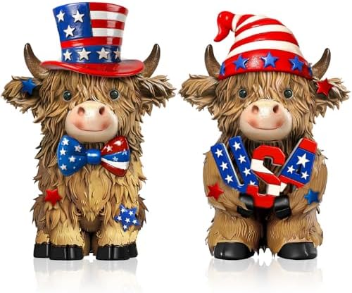 2 Pack 4th of July Highland Cow Figurine Resin 4th of July Gifts by Burbell