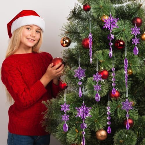 18pcs Crystal Christmas Ornaments for Christmas Tree Decorations-Purple Hanging Acrylic Snowflake and Icicle Ornaments with Drop Pendants for New Year Party Decorations Supplies - Image 7