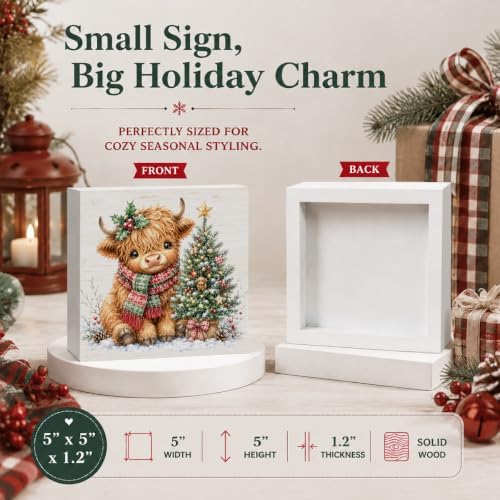 Highland Cow Christmas Decor, Cute Christmas Tree Decor Wooden Box Sign - Image 3