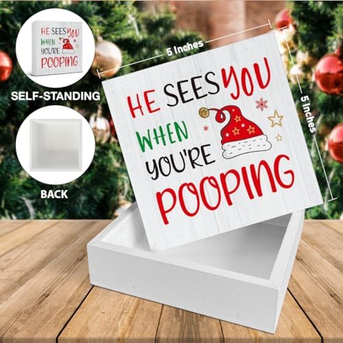 Christmas Bathroom Decorations, Funny Christmas Wood Sign Decor 5x5 Inches - Image 2