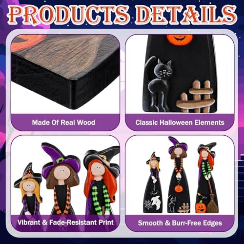 Suzile 3 Pcs Halloween Witch Table Decorations, Wooden Tabletop Figurines - Image 5