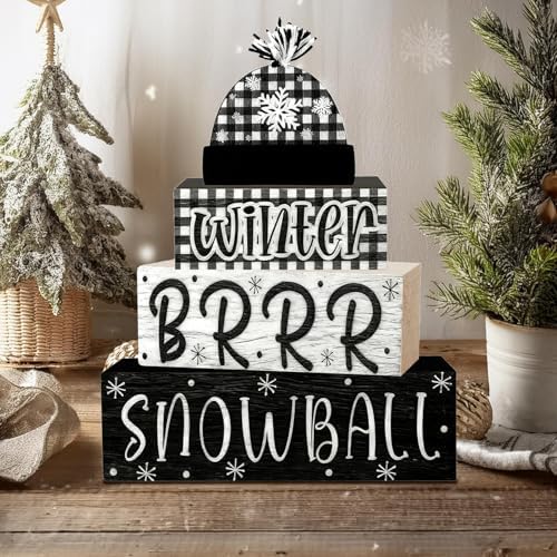 4 Pcs Christmas Decorations Indoor - Wooden Snowball Table Decoration for Home - Christmas Centerpiece For Table - Winter Tiered Tray Decor Rustic Farmhouse Xmas Gift for Home Kitchen Mantel - Image 5