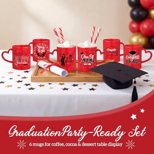 Graduation Coffee Mug Set of 6, 10 oz Red Ceramic Enamel Mugs with Handle, Class of 2026 & Congrats Grad Designs, Graduation Party Supplies, Grad Gift Cups for Coffee Tea Cocoa - Image 4
