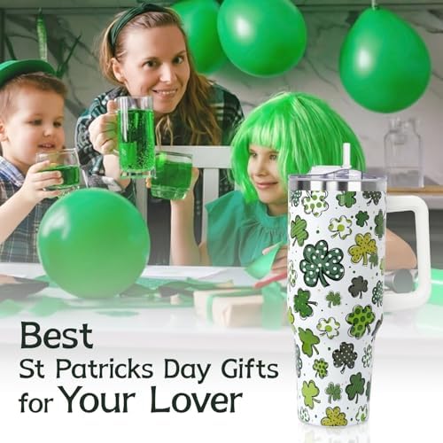 St Patricks Day Gifts 40 oz Tumbler with Handle and Straw Lid,Cute St Patrick's Day Spring Gift for Women Men Lucky Clover Shamrock Polka Dot Vacuum Insulated Leak Proof Stainless Steel Coffee Cup Mug - Image 7