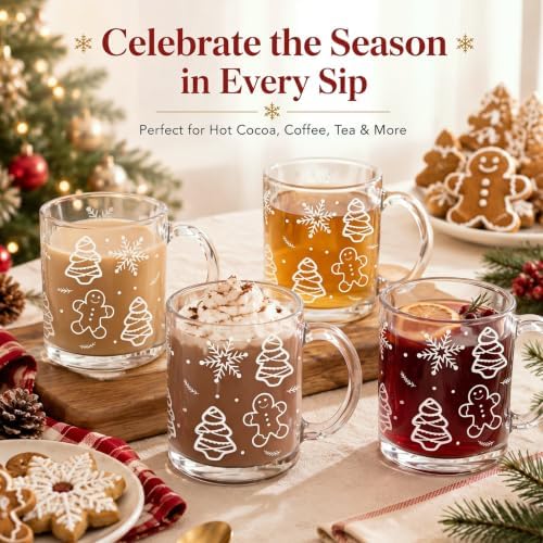 LemonRoad 4 Pcs Christmas Glass Coffee Mugs 12 oz Gingerbread Cups - Image 2