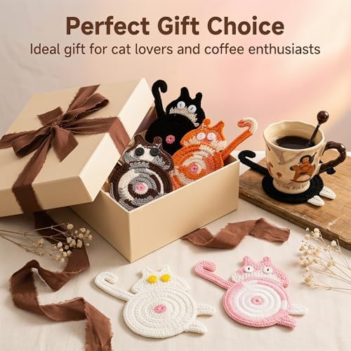 Coasters Gifts for Cat Lovers 5PCS Cat Coaster Woven Creative Cat Coaster - Image 5