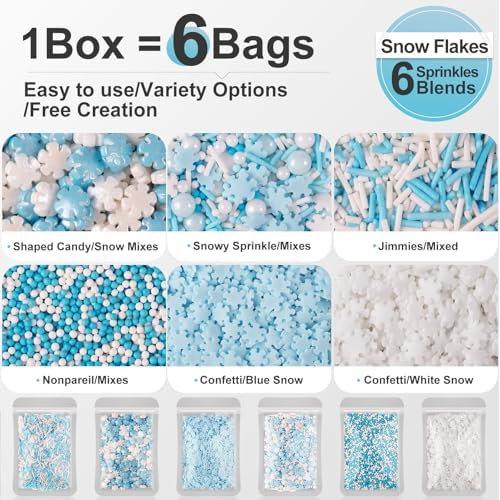 HUEBEATY 6-in-1 Edible Snowflake Sprinkles – Blue and White Winter Sprinkles for Cake Decorating, Cookies, Cupcakes & Baking | 6.36oz/180g | Frozen, Christmas, Holiday, and Winter Wonderland Decorations - Image 3