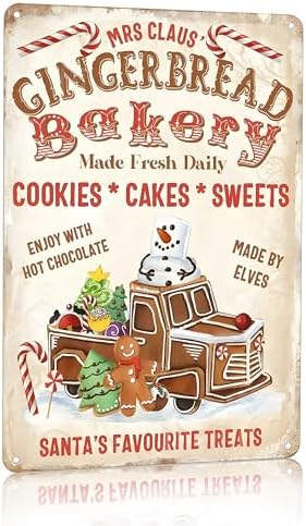 Artlunar Vintage Christmas Decor Gifts Rustic Christmas Mrs Claus Gingerbread Bakery Santa‘s Favorite Treats Tin Sign for Home Farmhouse Kicthen Cafe Bar Wall Decor 8 x 12 inches (3244) by Artlunar