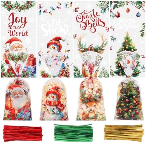 CCINEE 200PCS Christmas Cellophane Treat Bags, Xmas Clear Cello Gift Bags Candy Goodies Bags with Twsit for Christmas Holiday Party Favors by CCINEE