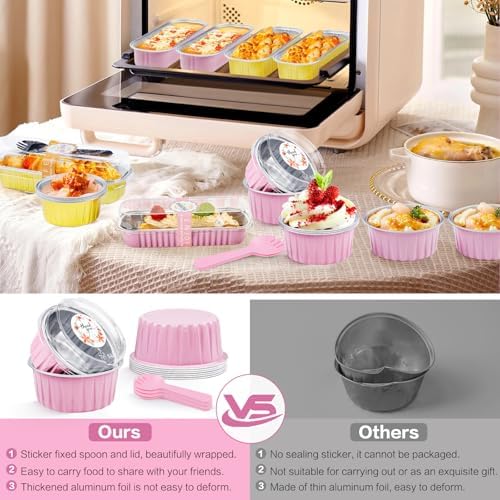 60Pcs Mini Cake Pans with Lids Aluminum Foil, ZOXILEN 5oz Disposable Mini Loaf pans with Lids and Spoons, Small Baking Cups Pie Tins Muffin Pan Cheesecake Containers for Party Pink Round - Image 6