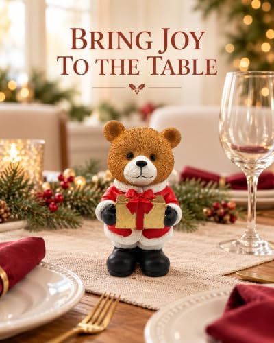 Christmas Teddy Bear Resin Figurine with Gold Present 5.1'' Holiday Decor - Image 3