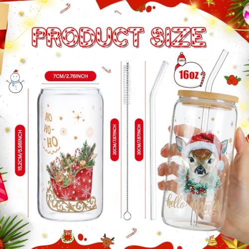 Vesici 6 Set Christmas Glasses Cups 16 oz Xmas Drink Cup with Lid Straw and Stopper Can Shaped Beer Tumbler Christmas Appreciation Gifts with Cards and Bow for Women Birthday Party Favor(Vintage) - Image 3