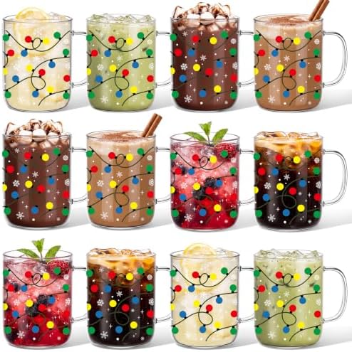 12 Pcs Christmas Glass Mugs with Handle Winter Xmas Coffee Mugs, Light by Havawish
