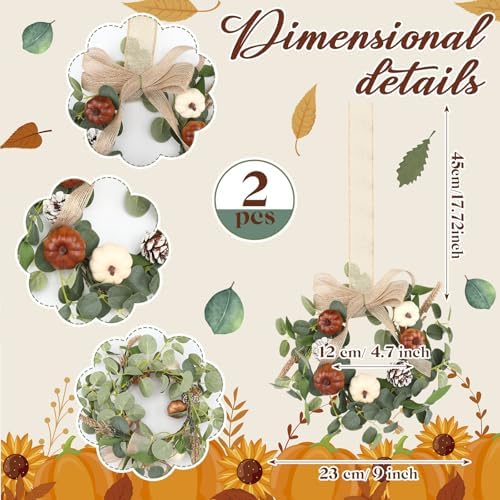 Syhood 2 Pcs 9 Inch Small Fall Wreath for Cabinet Mini Fall Wreath - Image 2