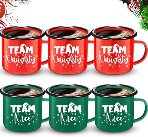 Yaomiao Christmas Enamel Mugs Set of 6 Red or Green Xmas Coffee Mugs Gifts 12 oz Hot Chocolate Holiday Cups with Handle Christmas for Men Women Coworkers Employee Gifts(Team Nice,Red and Green) by Yaomiao