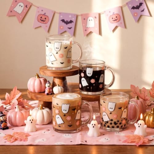 LemonRoad 4 Pack Halloween Glass Coffee Mugs 12 oz Ghost Cups with Handles - Image 2