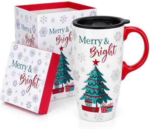 Topadorn Christmas Tree Ceramic Travel Mug with Lid, 17 oz Tall coffee Cup by Topadorn