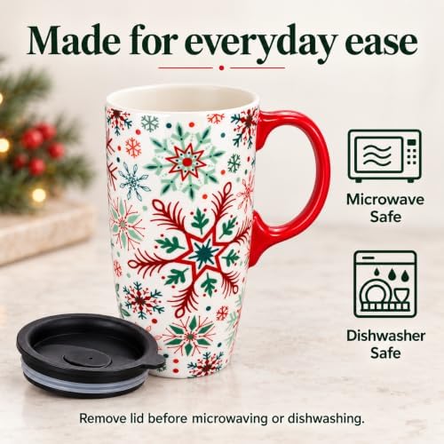 Topadorn 17oz Ceramic Travel Mug with Lid, Christmas Snowflake Coffee Mug - Image 6
