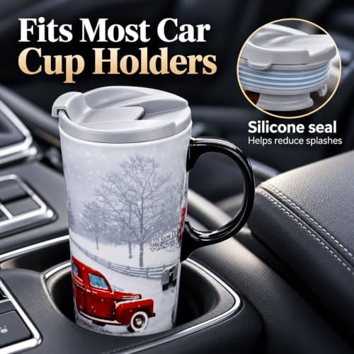 Topadorn 17oz Ceramic Travel Mug with Lid, Christmas Red Truck Coffee Mug - Image 5