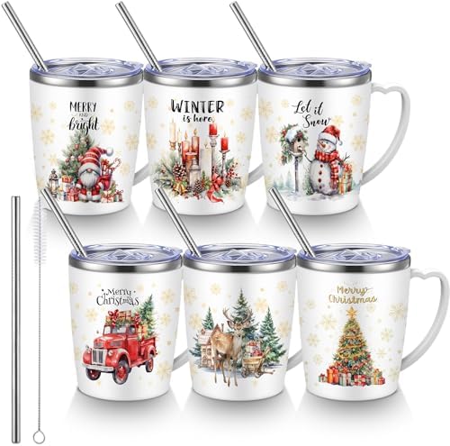 Didaey 6 Pcs Christmas Coffee Mugs Cups 11 oz Christmas Stainless Steel Tumbler Vacuum Insulated Coffee Cups with Handle Lid Straw Wine Mug for Winter Xmas Gift Holiday Party Supplies(Watercolor) by Didaey