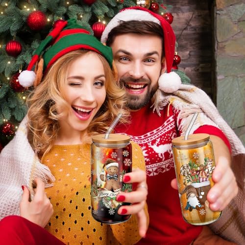 6 Set Christmas Glasses Cups with Bamboo Lid and Glass Straw 16 oz Vintage Christmas Drinking Cup Santa Gingerbread Beer Iced Coffee Cup Xmas Tumbler Mugs for Women Men Holiday Party Gifts - Image 4