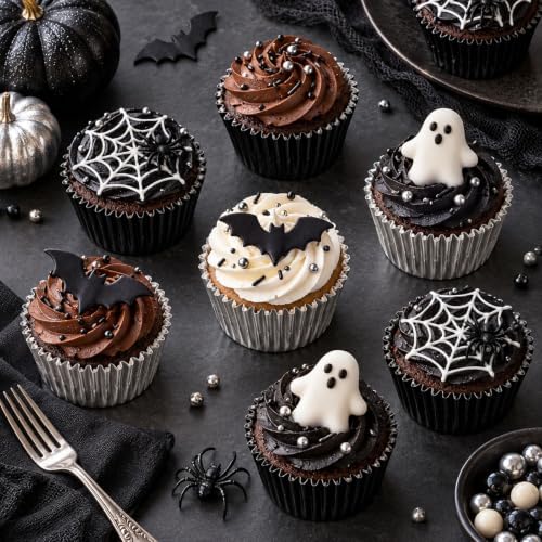 JarThenaAMCS 200Pcs Halloween Foil Cupcake Liners Black Silver - Image 5
