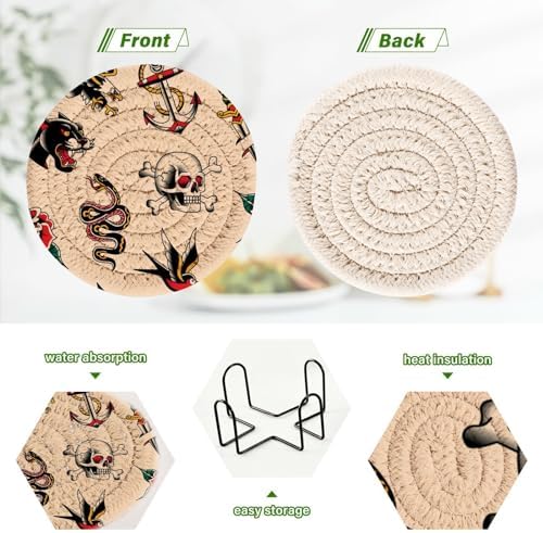 YETTASBIN Old School Tattoo 6 Pcs Drink Coasters with Holder, Cotton Woven Absorbent Heat-Resistant Round Coaster Non-Slip Table Mat for Kitchen Bar Home Decor Housewarming Gift, 3.9 in - Image 4