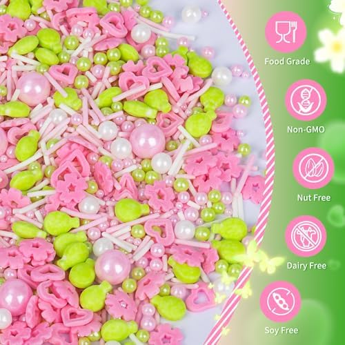 Edible Sprinkles for Cake Decorations,Pink White Pearls and Jimmies,Heart and Flowers,Bright Green Balloons Sprinkle Mix,Spring Candy Sprinkles for Cakes,Cupcakes,Dessert Tables & Party Favors,Food Grade Sugar Decorating for Brunch,Wedding Birthday & S... - Image 3