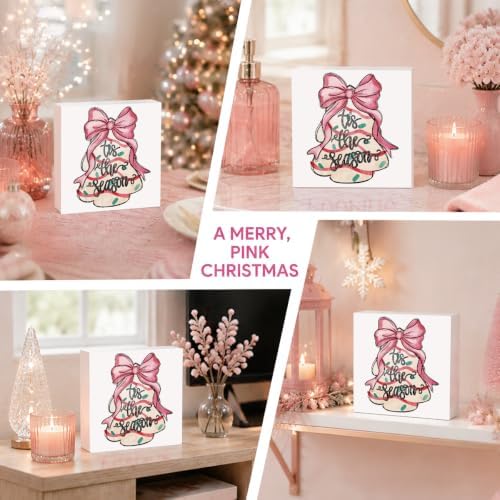 Pink Christmas Decor, Christmas Decorations Indoor, Coquette Bow Xmas Tree Cakes Sign Gift for Women Friends, Rustic Farmhouse Wooden Box Sign for Home Office Bedroom Desk Decor 5x5 Inches - Image 5