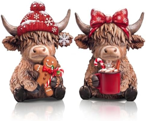2 Pcs Christmas Highland Cow Figurines, Resin Christmas Decor by Burbell