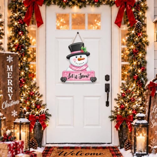 Christmas Decorations Winter Pink Snowman Hanging Wooden Front Door Sign - Image 2