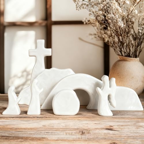Empty Tomb Easter Scene and Cross Decoration, Ceramic Resurrection Scene Cross Jesus Tomb Decor, Christmas Decoration Jesus Nativity Scene for Religious Home Office Tabletop Christian Gifts by NEROSUN