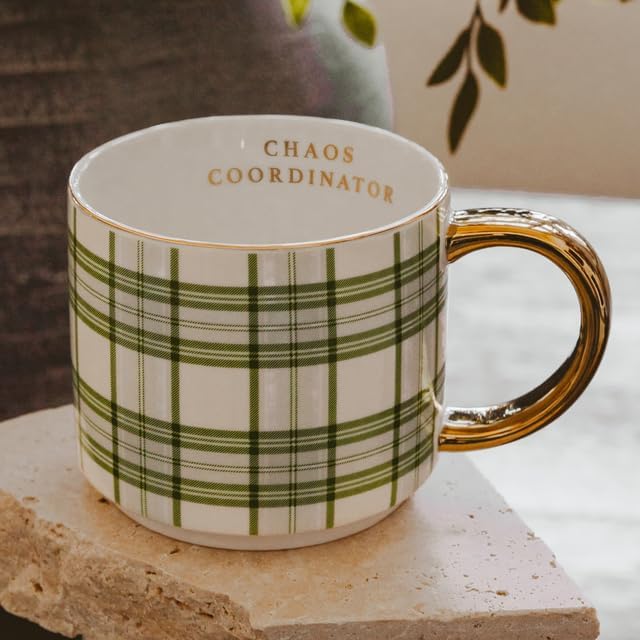 Sweet Water Decor Chaos Coordinator Coffee Mug, 14oz Fine Bone China Mug, Green Plaid Design with Gold Handle & Rim, Large Tea Cup for Hot & Cold Drinks, Gifts for Teachers, Co-Workers & Boss - Image 2