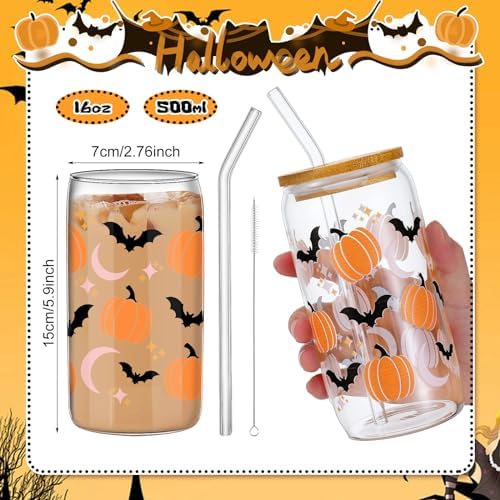SiliFine 6 Pcs Halloween Glass Cups, 16 oz with Lids and Straws - Image 3