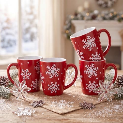 Bokon 4 Pcs Snowflake Ceramic Mug Gifts Set 12 oz Red - Image 3