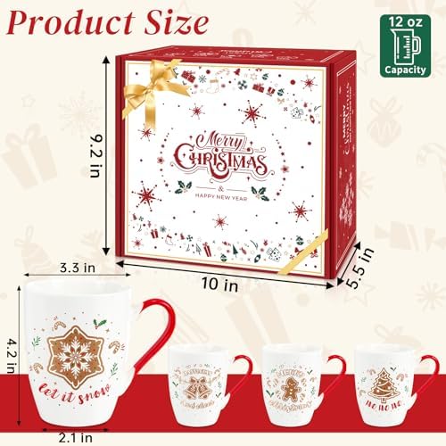 Christmas Coffee Mug Set of 4, 12 oz Gingerbread Man Coffee Mug with Handle, Hot Cocoa Ceramic Mugs with Gift Box for Mom Woman Family Friends Colleagues - Image 3