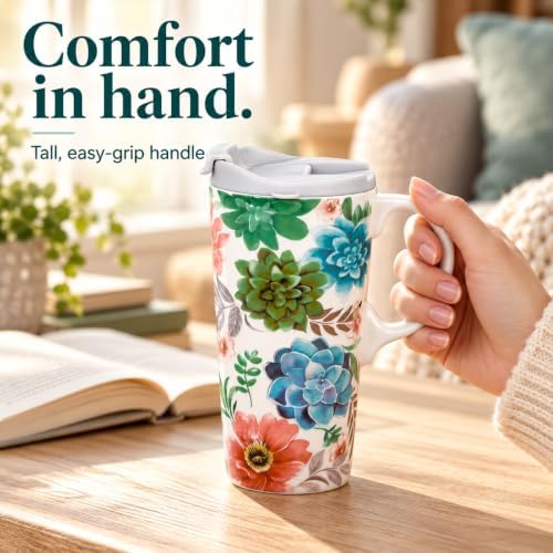 Topadorn 17oz Ceramic Travel Mug with Lid, Succulent Floral Coffee Mug - Image 5