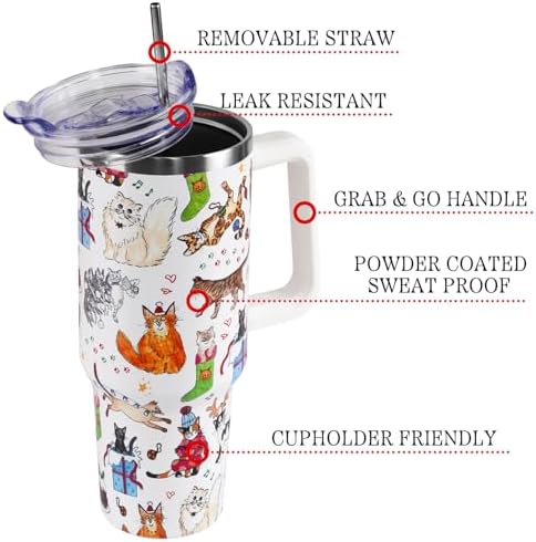 Christmas Tumbler with Handle and Straw Lid 40 oz,Cute Merry Xmas Cat Lovers Gifts for Women Vacuum Insulated Leak Proof Tumbler,Winter Holiday Accessories Stainless Steel Coffee Cup Mug - Image 3