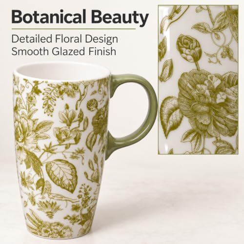 Topadorn 17 Oz Ceramic Coffee Travel Mug with Spill Proof Lid & Handle, Microwave Dishwasher Safe Tea Cup, Green Leaf - Image 4