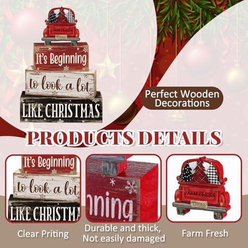 Moucuny 4 Pcs Christmas Truck Table Decor Wooden Farmhouse Block Signs - Image 3