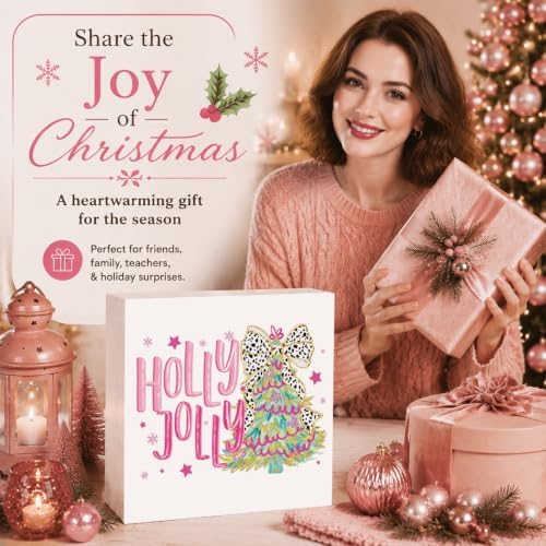 Pink Christmas Decor, Christmas Decorations Indoor, Glitter Bow Flower Xmas Tree Snowflake Holly Jolly Sign Gift for Women Friends, Rustic Wooden Box Sign for Home Office Bedroom Desk Decor 5x5 Inches - Image 6