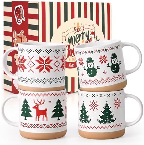 YHRJWN Christmas Mugs Set of 4, Christmas Mugs with Xmas Tree, Snowman, Snowflake, Reindeer Design Pixel Print, Xmas Coffee Mugs for Family Friends, 12 Oz by Wefocusoncoffeemugs