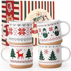 YHRJWN Christmas Mugs Set of 4, Christmas Mugs with Xmas Tree, Snowman, Snowflake, Reindeer Design Pixel Print, Xmas Coffee Mugs for Family Friends, 12 Oz by Wefocusoncoffeemugs
